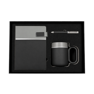 SET EJECUTIVO, CERÁMICA, NEGRO, 480 ml, Double de taza en set con agenda PU A5 y lapiceros de metal de cenefa gris en caja negra de regalo