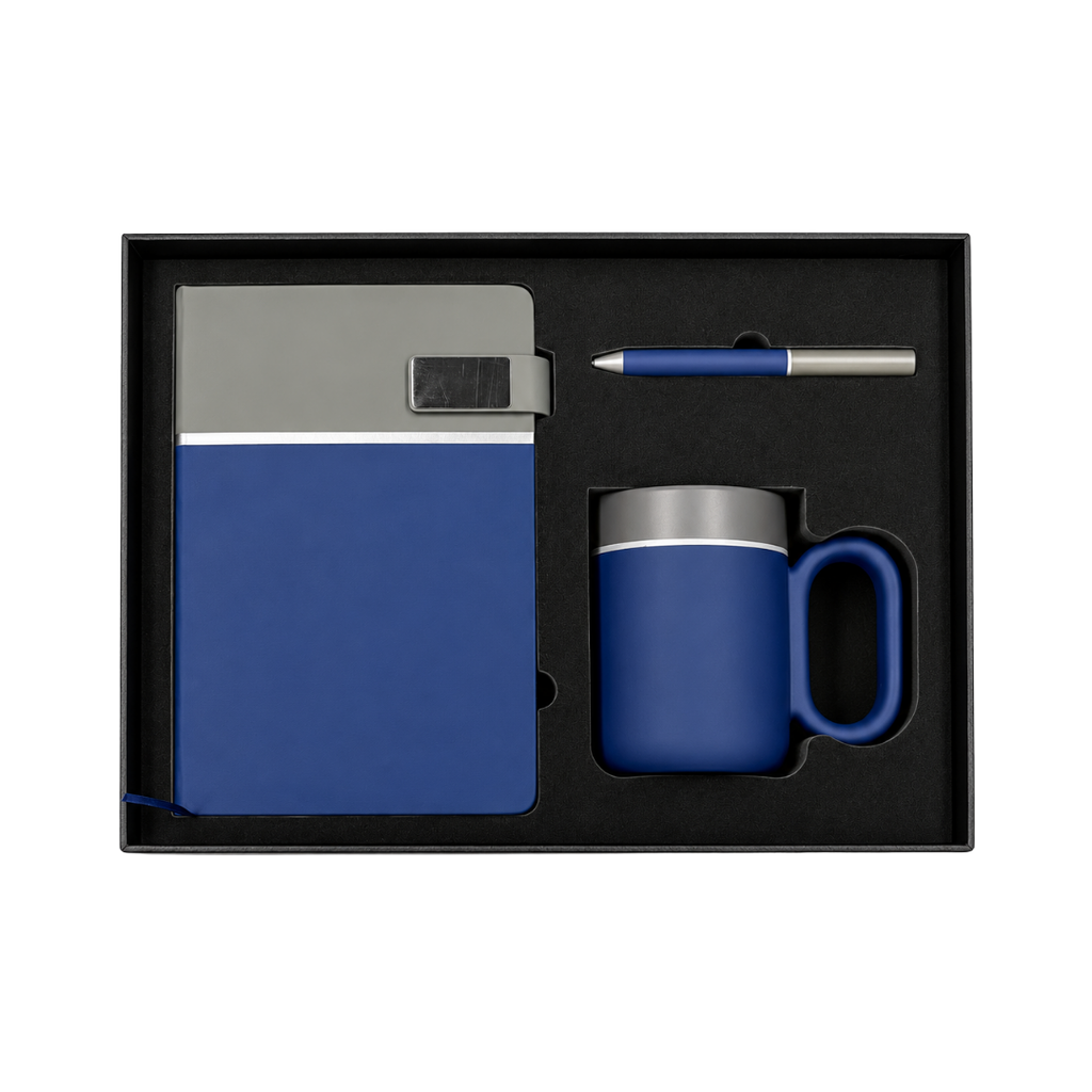 [P299438] SET EJECUTIVO, CERÁMICA, AZUL OSCURO, 480 ml, Double de taza en set con agenda PU A5 y lapiceros de metal de cenefa gris en caja negra de regalo