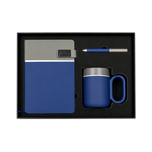 SET EJECUTIVO, CERÁMICA, AZUL OSCURO, 480 ml, Double de taza en set con agenda PU A5 y lapiceros de metal de cenefa gris en caja negra de regalo