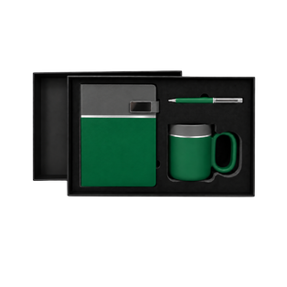 SET EJECUTIVO, CERÁMICA, VERDE, 480 ml, Double de taza en set con agenda PU A5 y lapiceros de metal de cenefa gris en caja negra de regalo