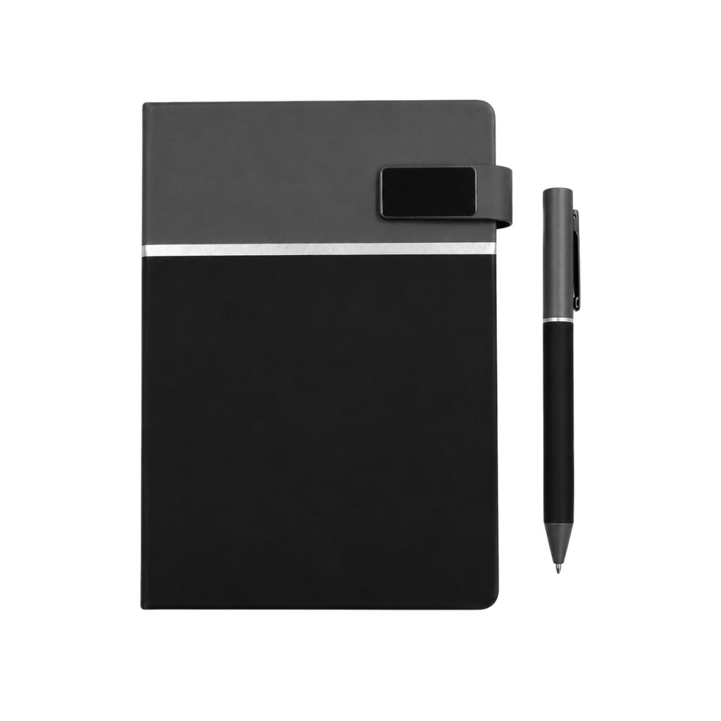 [P299441] LIBRETA, PU, NEGRO, 14,8 x 21 cm, Double 80 hojas 70 g. a líneas cierre magnético y cenefa gris con lapicero