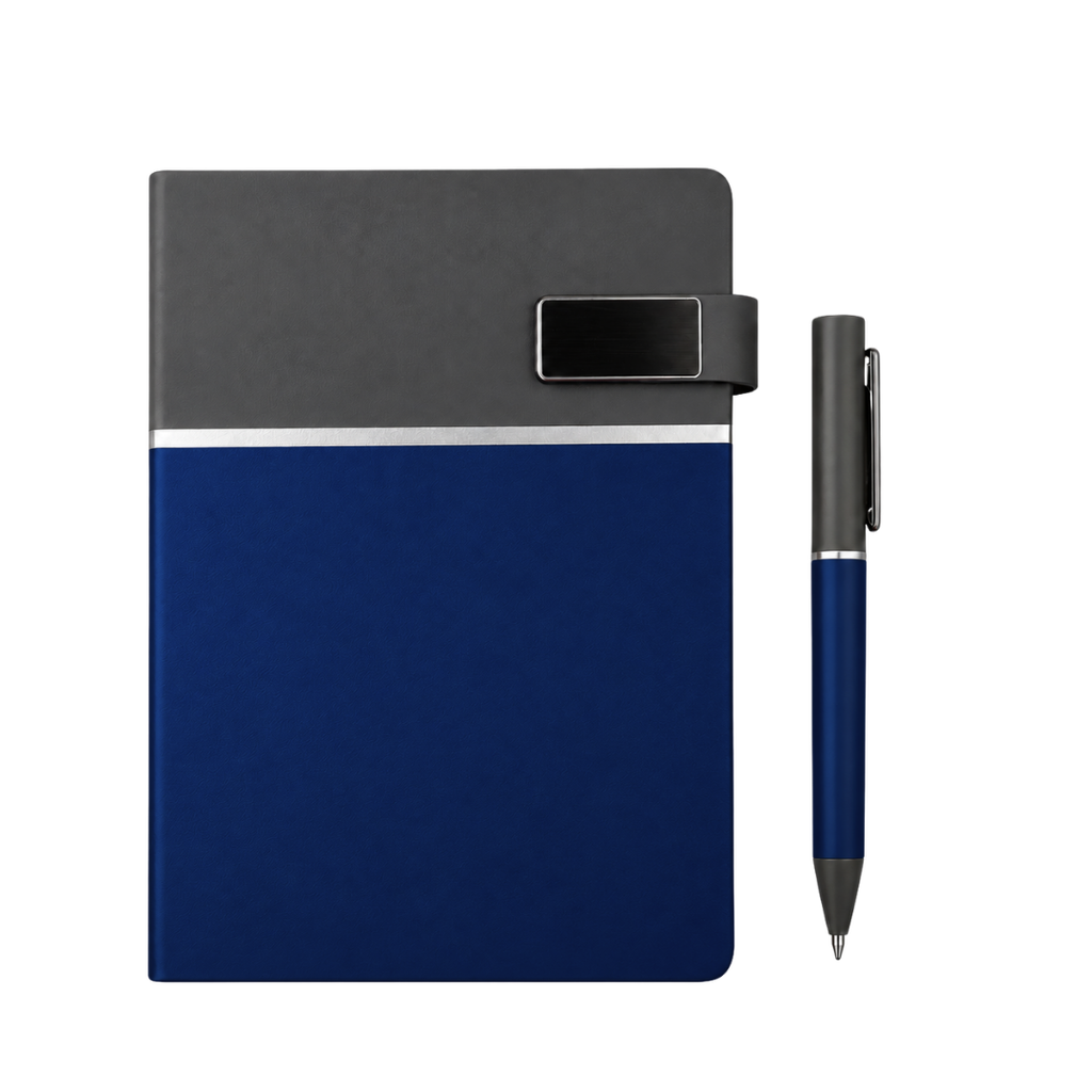 [P299442] LIBRETA, PU, AZUL, 14,8 x 21 cm, Double 80 hojas 70 g. a líneas cierre magnético y cenefa gris con lapicero