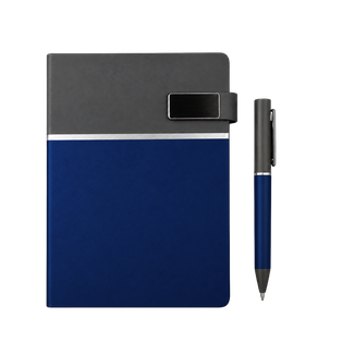 LIBRETA, PU, AZUL, 14,8 x 21 cm, Double 80 hojas 70 g. a líneas cierre magnético y cenefa gris con lapicero