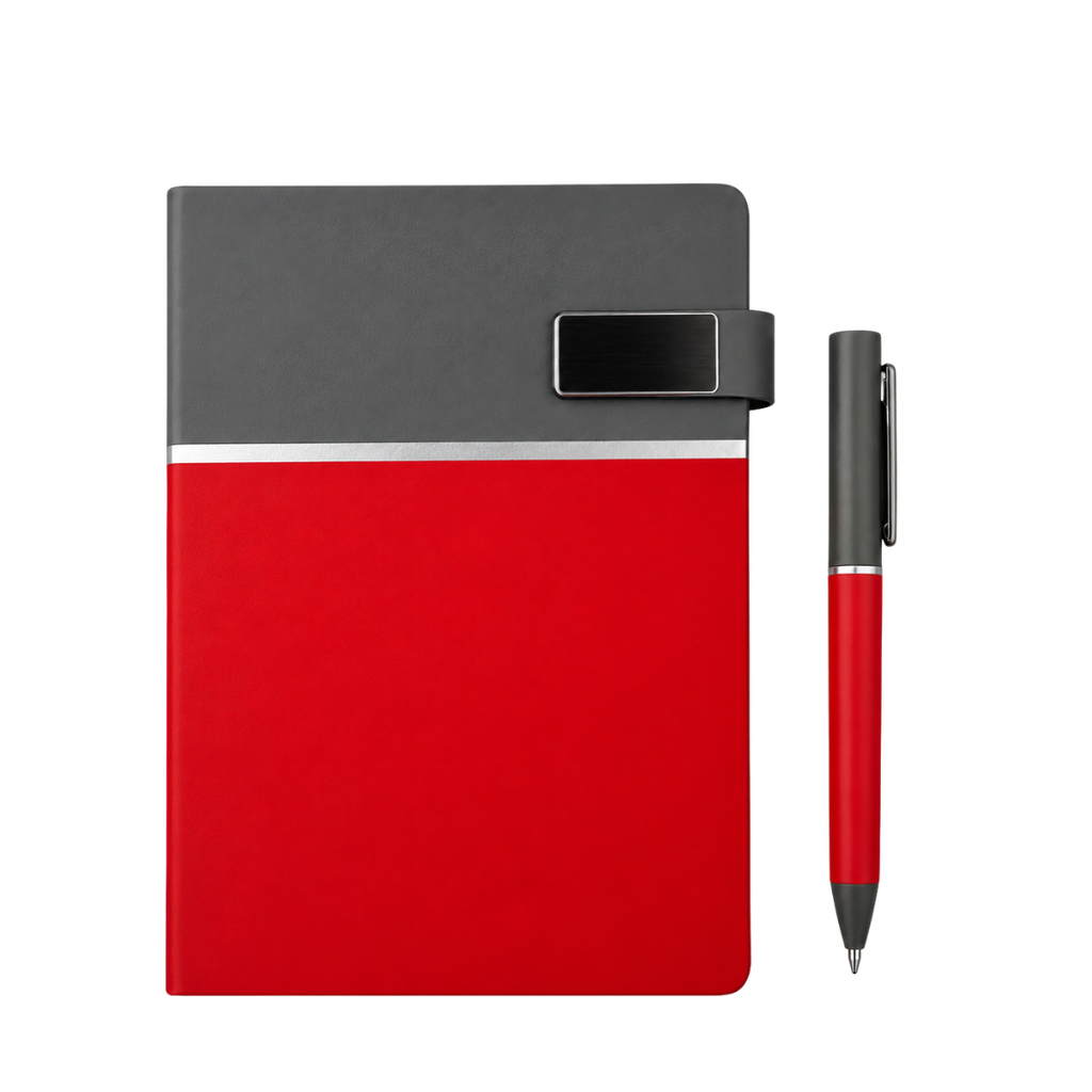 [P299443] LIBRETA, PU, ROJO, 14,8 x 21 cm, Double 80 hojas 70 g. a líneas cierre magnético y cenefa gris con lapicero