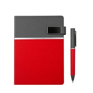 LIBRETA, PU, ROJO, 14,8 x 21 cm, Double 80 hojas 70 g. a líneas cierre magnético y cenefa gris con lapicero