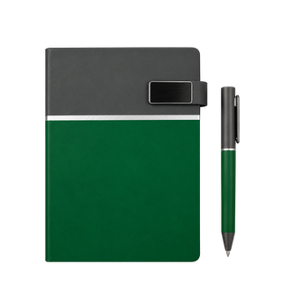 LIBRETA, PU, VERDE, 14,8 x 21 cm, Double 80 hojas 70 g. a líneas cierre magnético y cenefa gris con lapicero