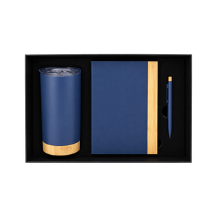 SET EJECUTIVO, ACERO INOXIDABLE, AZUL OSCURO, 470 ml, Bullet de vaso doble pared con base de bambú, agenda con orilla y lapicero de acero inoxidable con top