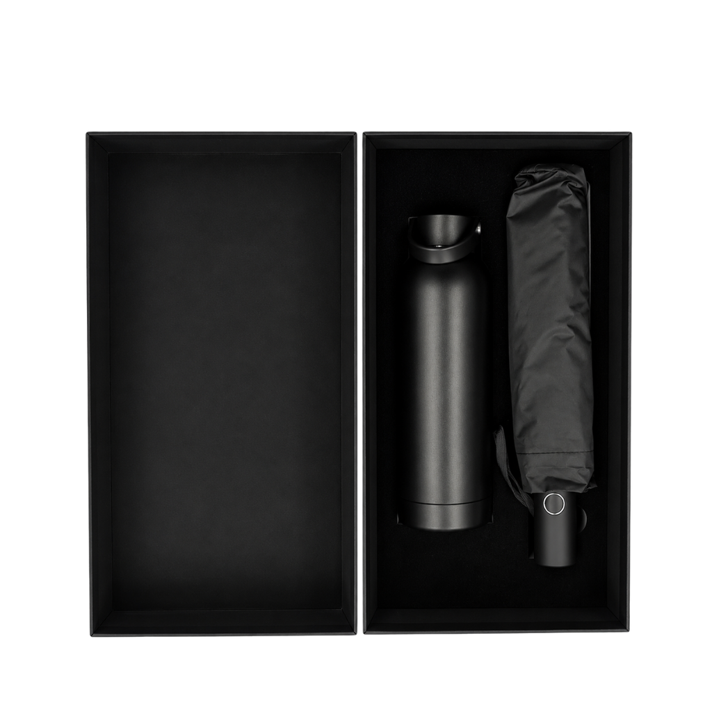 [P299454] SET EJECUTIVO, ACERO INOXIDABLE, NEGRO, 480 ml, 2 pcs: termo doble pared Similar y sombrilla automática