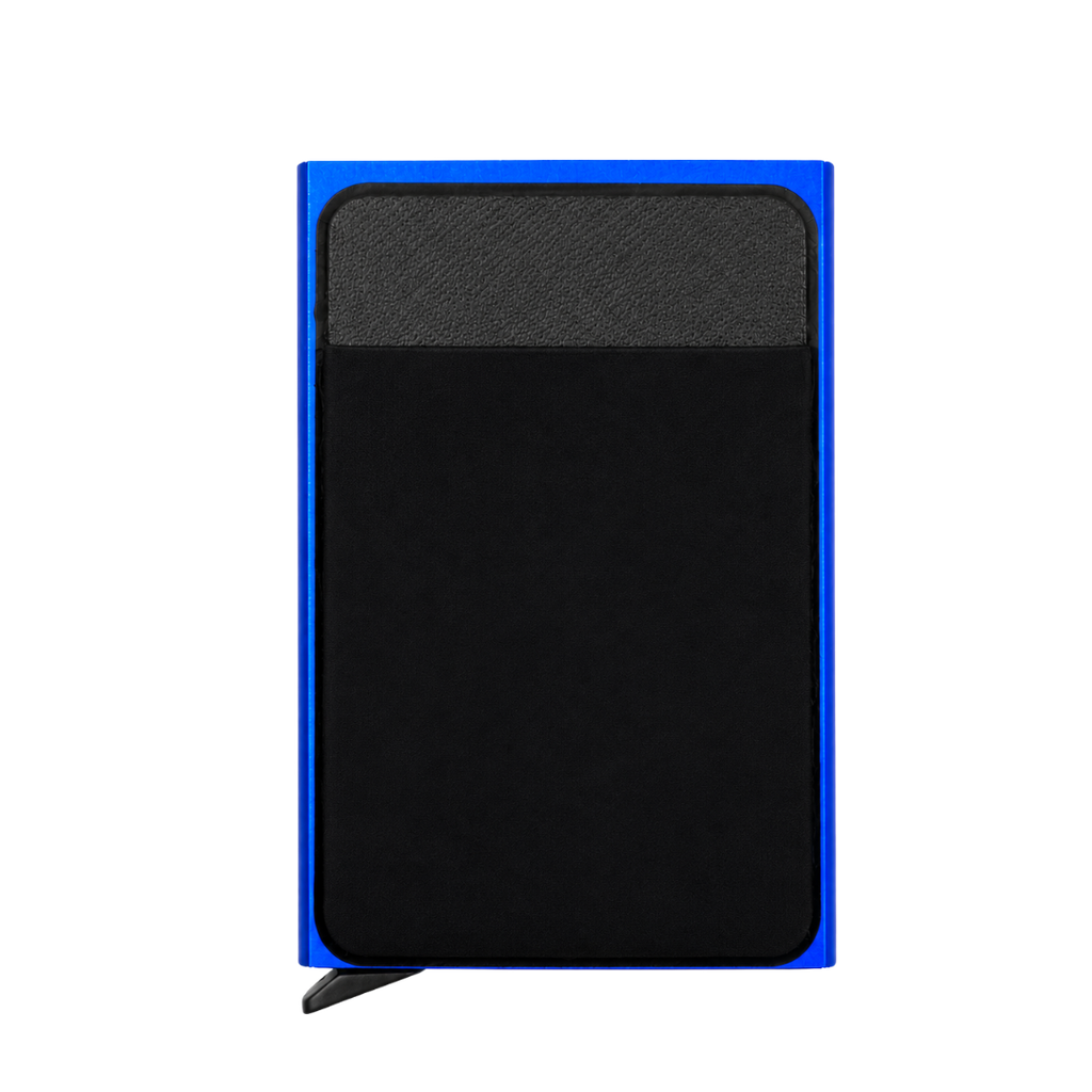 [P299463] TARJETERO, METAL, AZUL, 9.5*6.5*0.8 cm, automático con portatarjetas