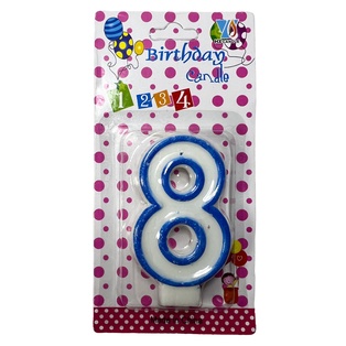 vela, cera, celeste, numero 8 , con orilla de color