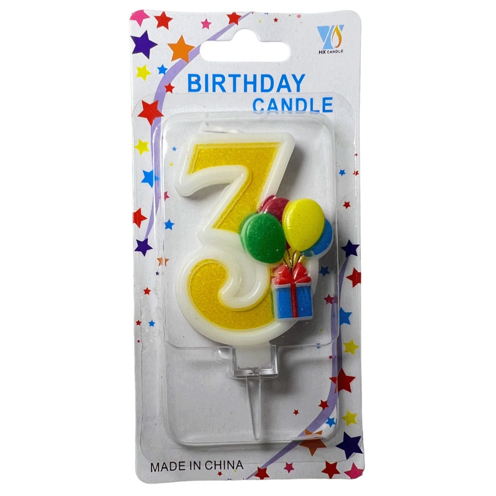 [F441222] vela, , amarillo, 8*14.5 centimetros, numero 3 con globos