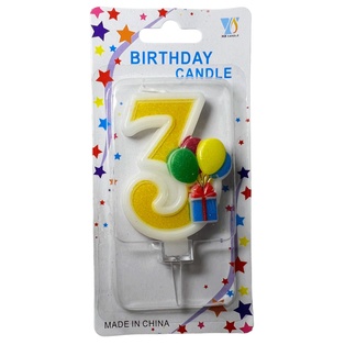 vela, , amarillo, 8*14.5 centimetros, numero 3 con globos