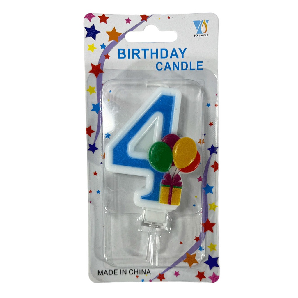 [F441223] vela, , azul, 8*14.5 centimetros, numero 4 con globos