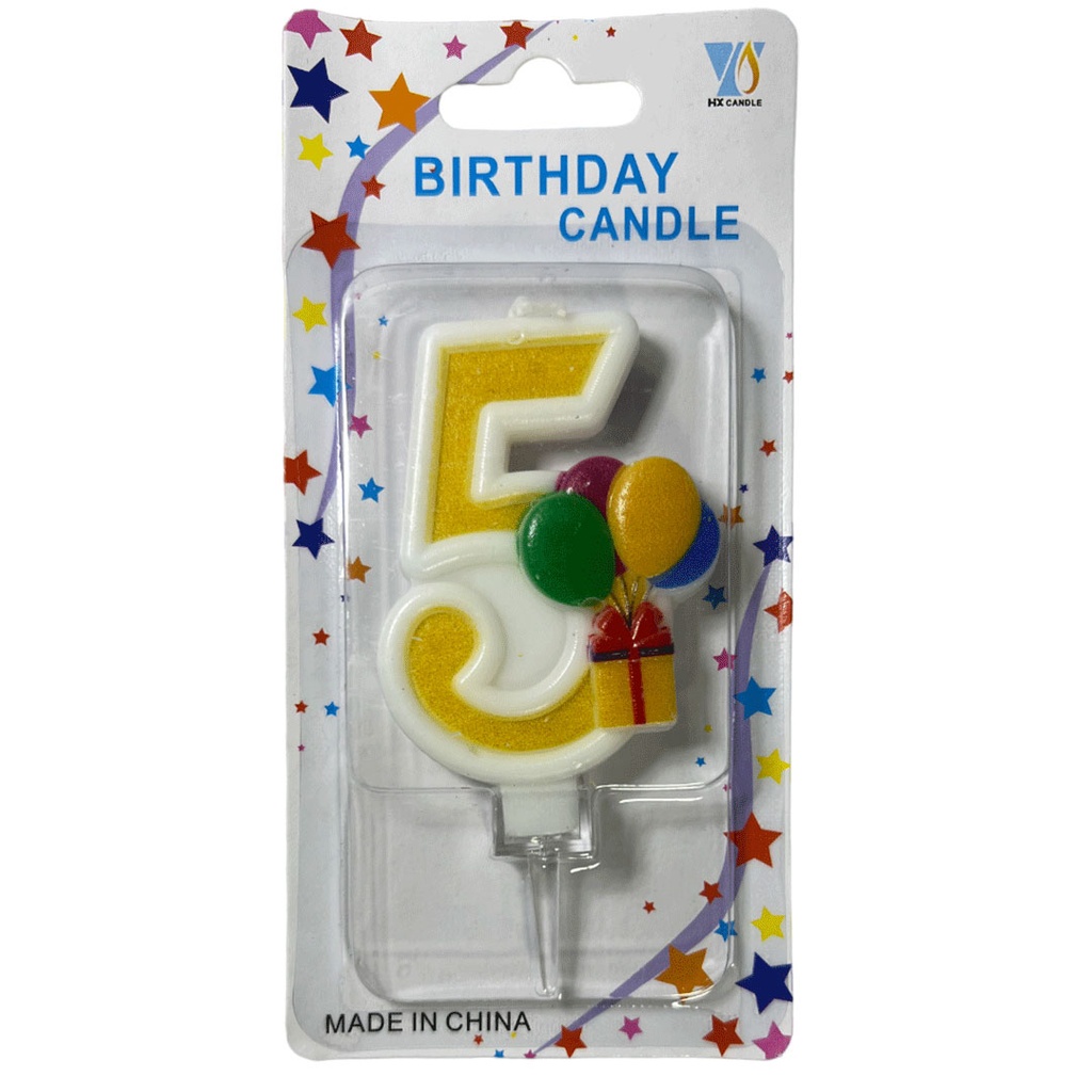 [F441228] vela, , amarillo, 8*14.5 centimetros, numero 5 con globos