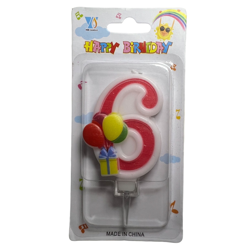 [F441230] vela, , rosado, 8*14.5 centimetros, numero 6 con globos