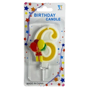 vela, , amarillo, 8*14.5 centimetros, numero 6 con globos