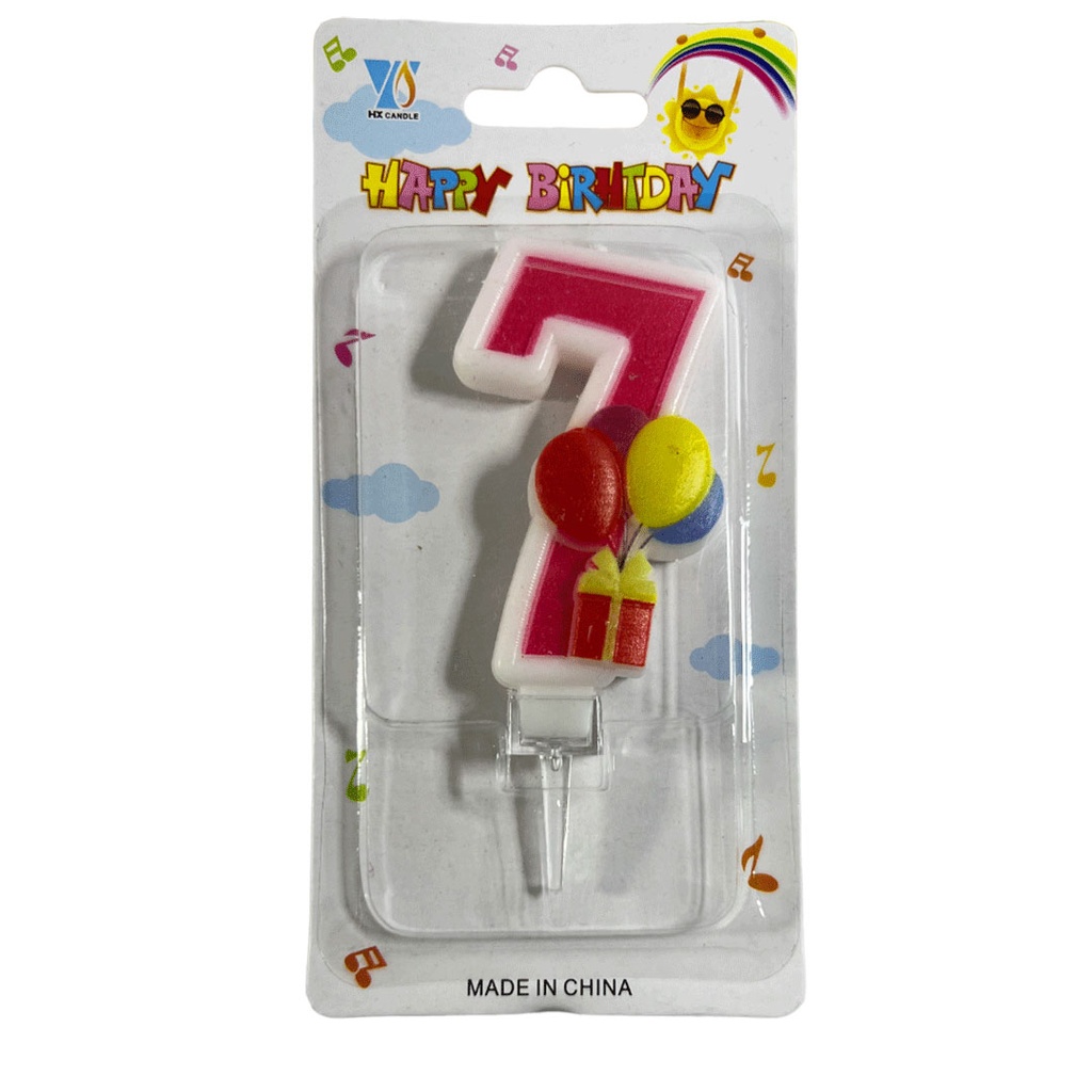 [F441233] vela, , rosado, 8*14.5 centimetros, numero 7 con globos
