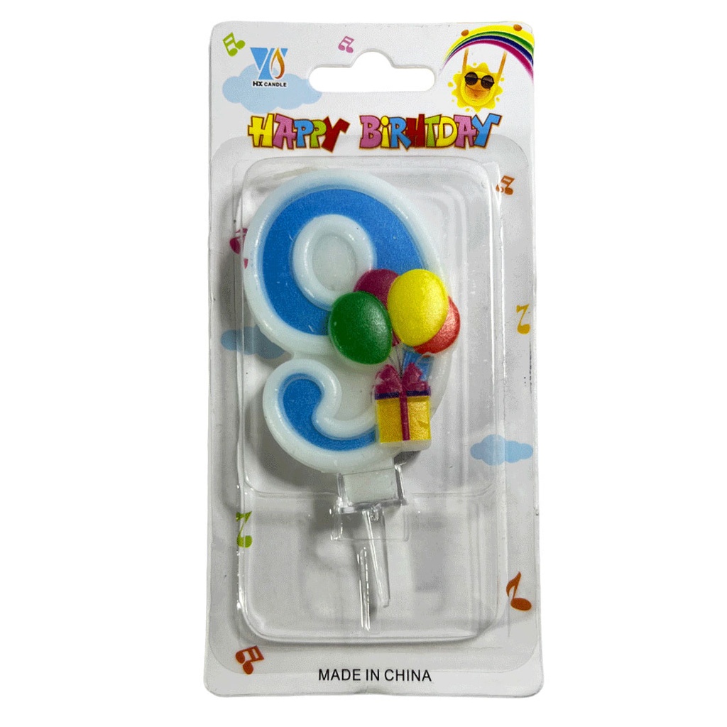 [F441238] vela, , azul, 8*14.5 centimetros, numero 9 con globos