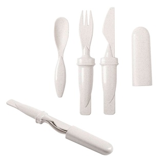 set de cubiertos, fibra de trigo, blanco, 3 pcs , para viaje con tapa