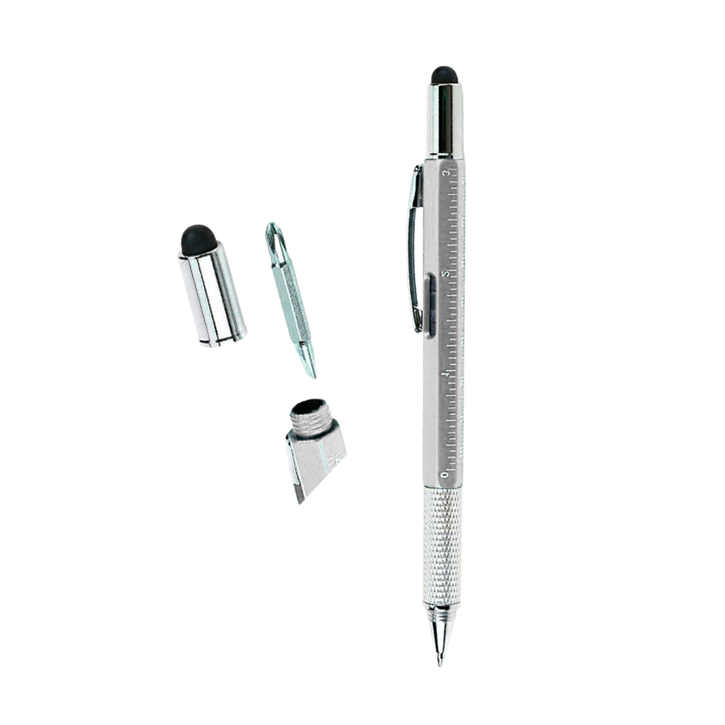 [P285936] lapicero tool 5 en 1, de metal con touch, nivel desarmador, y regla , plateado