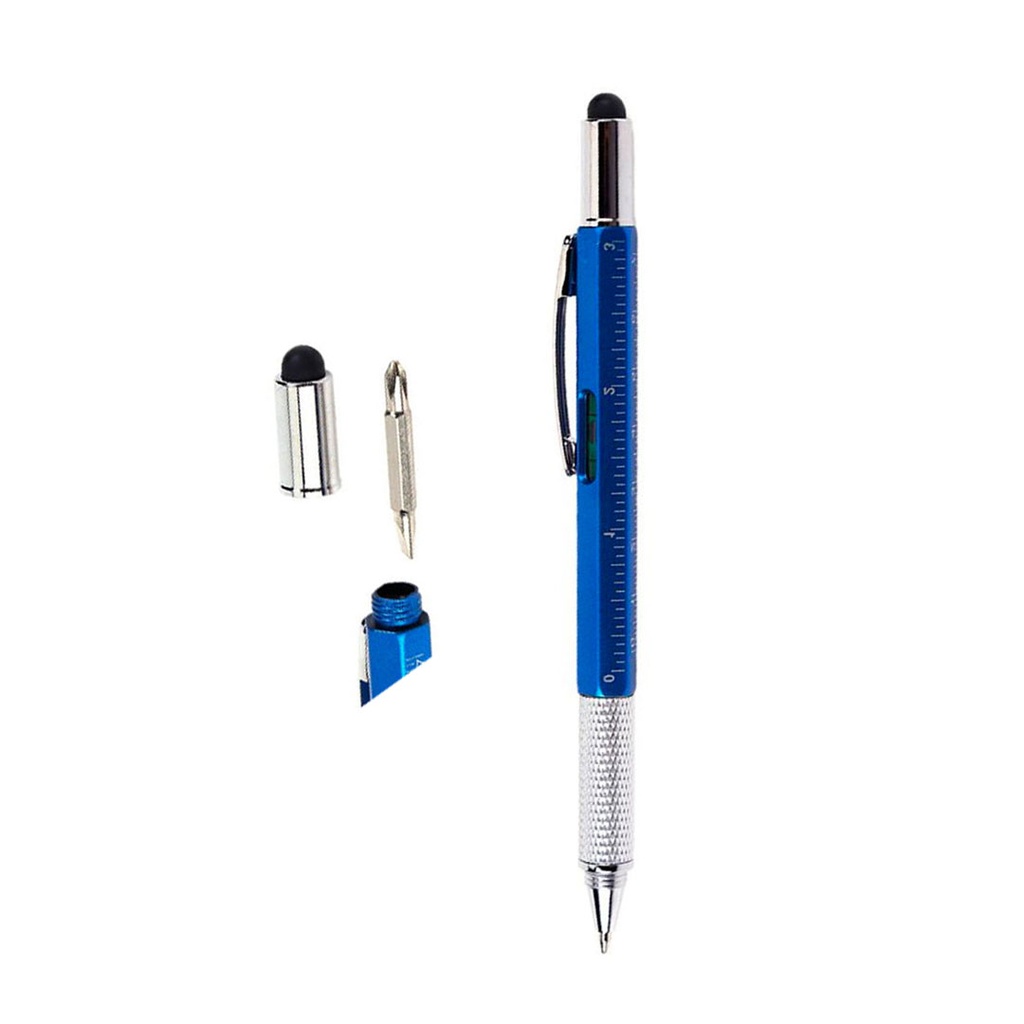 [P286008] lapicero tool 5 en 1, metal, celeste, 15.5 cm con touch , nivel desarmador y regla