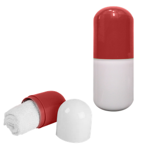 estuche, plástico, rojo, 4.8*10.5+20*20 centimetros, forma de capsula con toalla