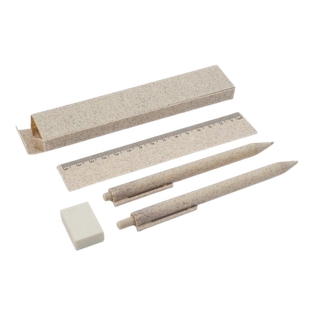 juego de lapicero, , blanco, regla y portaminas , de fibra de trigo y borrador en caja