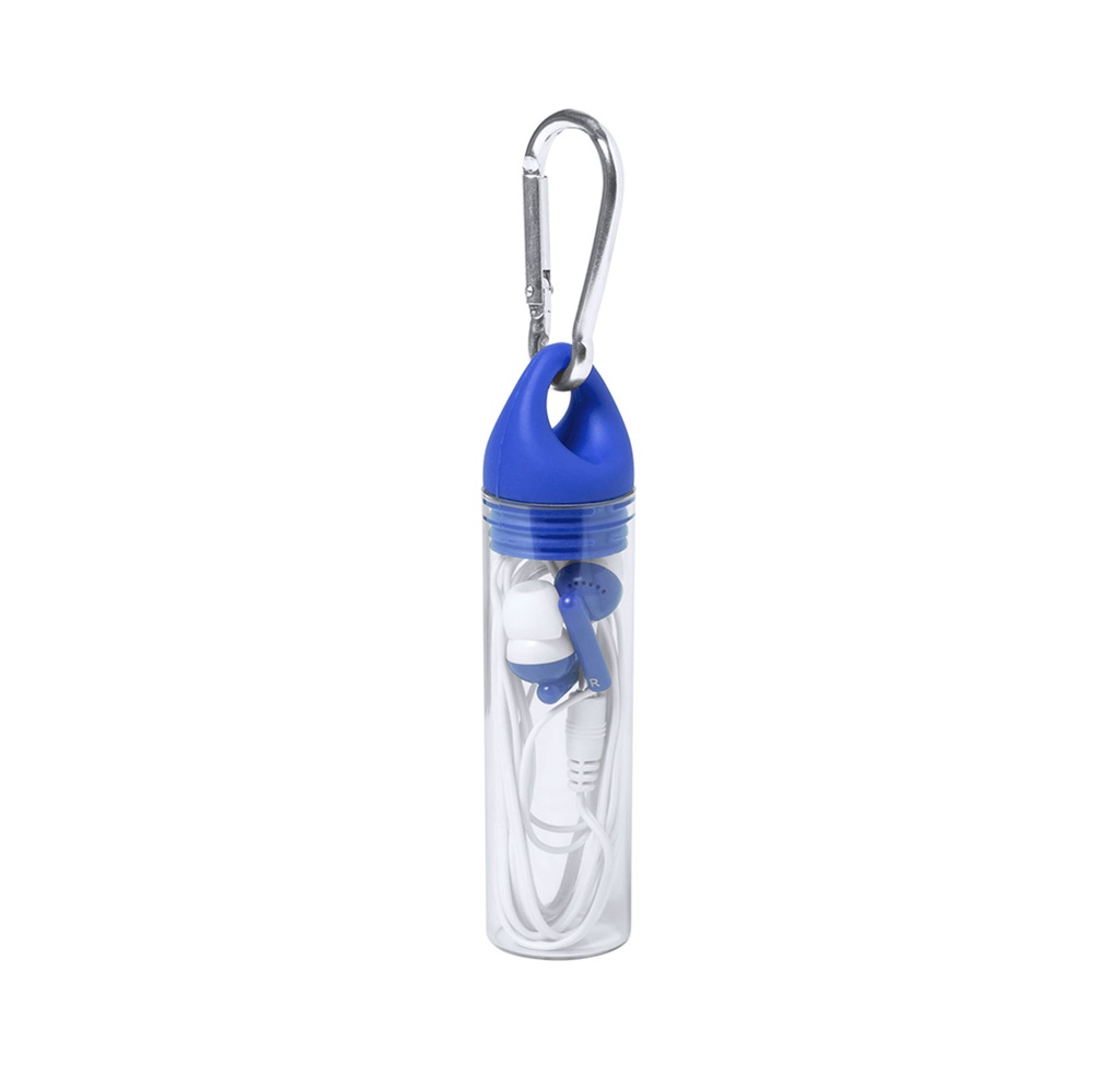 [P294236] audifonos, plástico, azul, en bote transparent , con tapa de silicon y arnes