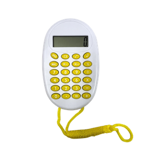 calculadora digital con pita, plastico, amarillo