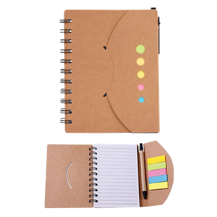 libretas, ecologica de carton, color natural, 12*15.5 centimetros, con lapicero y notas adhesivas 70 pag