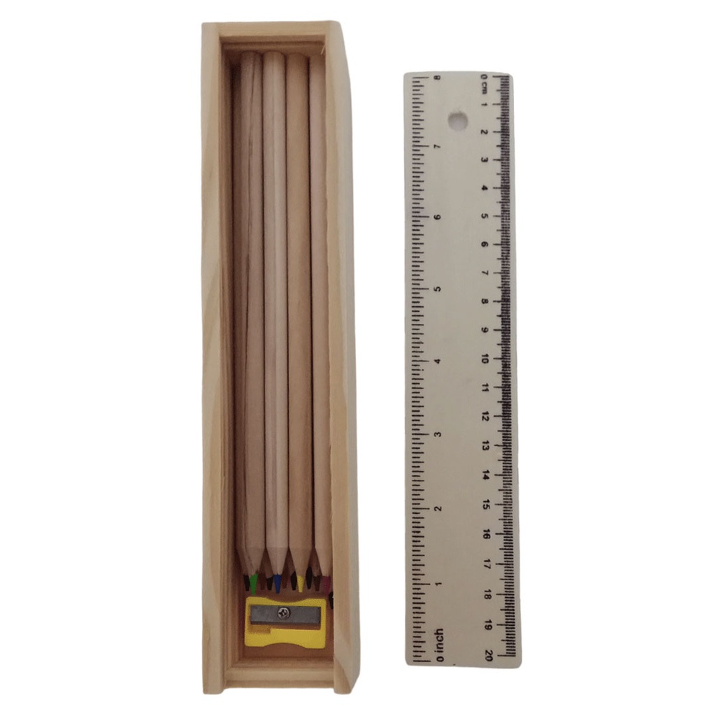 [E389227] crayones, madera, color natural, 3*4*20.5 set de 12 , colores con sacapuntas en caja con regla