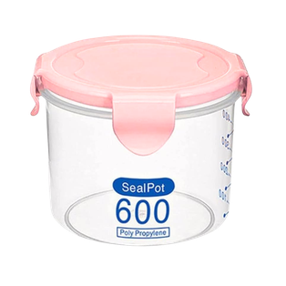 recipiente cilindrico, plástico, rosado, 9.5*8.5  cm 600 mililitro, con tapadera,