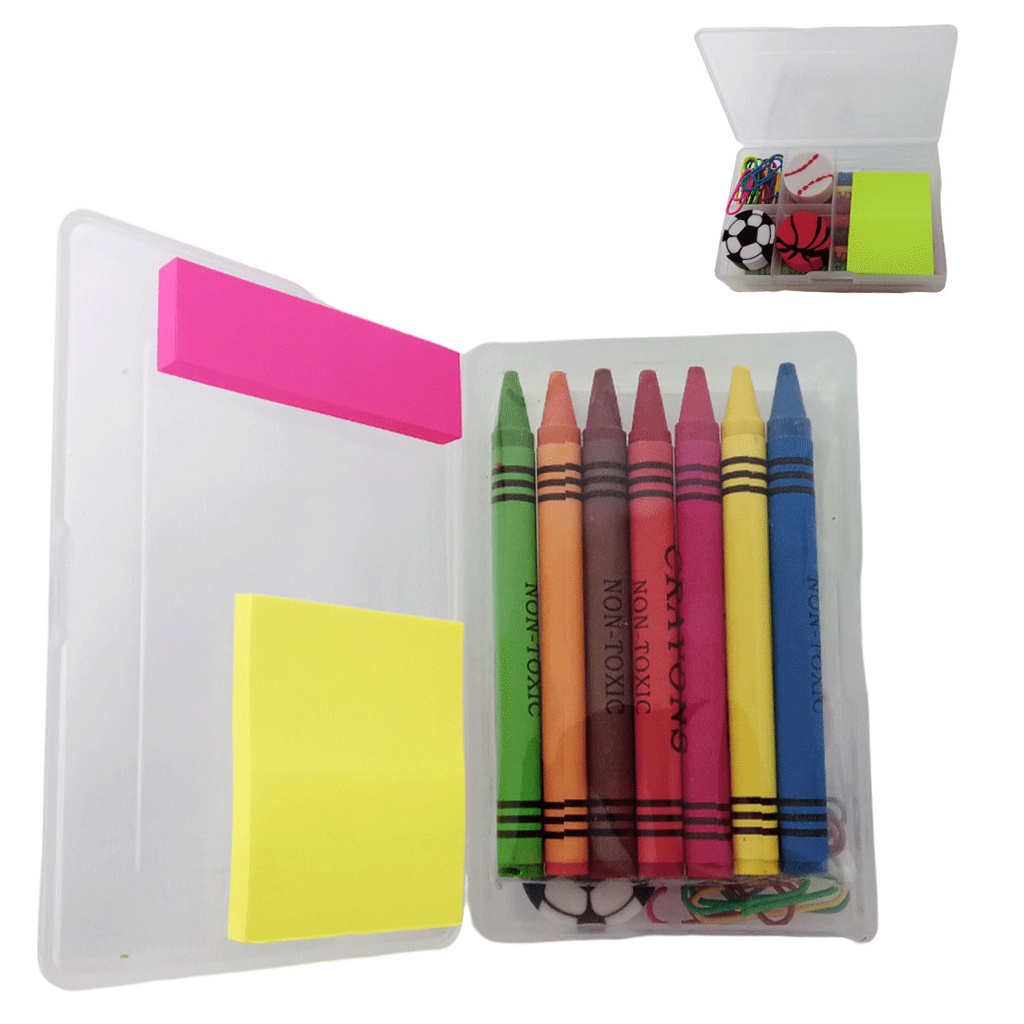 [E385073] set escolar, plástico, surtido,  nd, 7crayones, 3pads, 3borradores, 10clips