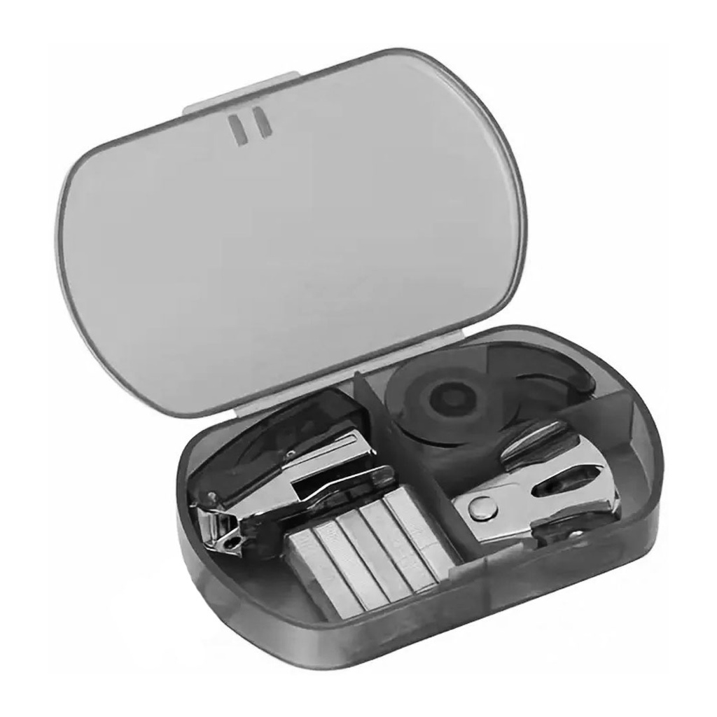 [P294036] set de oficina, plástico, negro, en caja con 2 , engrapadoras, grapas y tape 92*57*20 mm