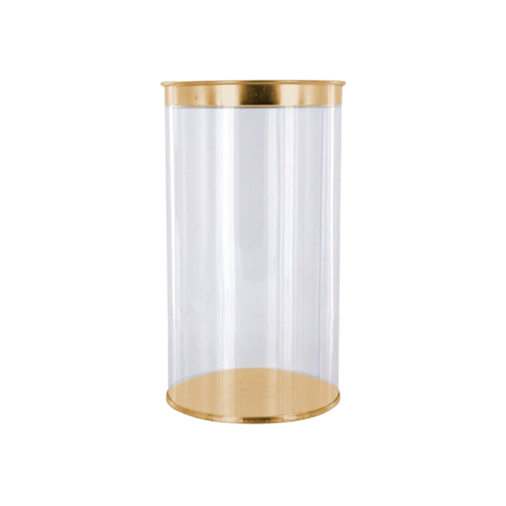 [H511086] estuche cilindrico, pvc, dorado, 83*120 centimetros, con tapadera y base de colores