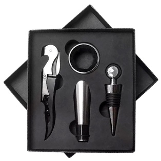 set de vino, acero inoxidable, , 4 pcs tapon , dosificador, argolla y sacacorchos