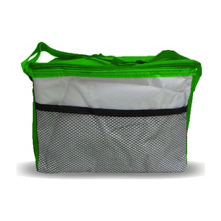 lonchera, oxford, verde, 26*18.5*18 centimetros, con frente gris