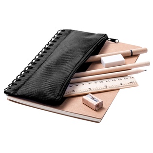 libretas, papel, color natural, 18*14cm centimetros, con estuche negro con set escolar