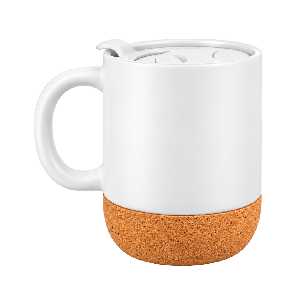 [P250870] tazas, cerámica, blanco, 8.5*9*10 centimetros, con tapa plastica y base de corcho 12 oz