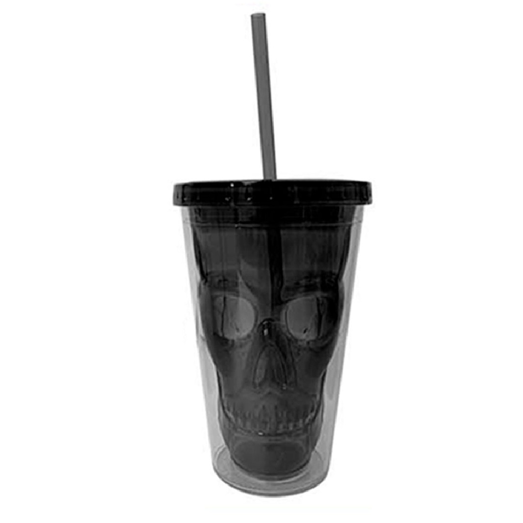 [P260474] vasos, plástico, negro, 420 mililitro, con pajilla diseño calavera