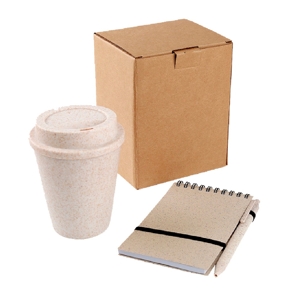 [P294164] set de vaso con cuadernillo, fibra de trigo, blanco, de notas y , lapicero