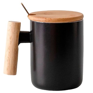 taza, cerámica, negro mate, 380 ml con oreja y , tapa de bambu y cucharita