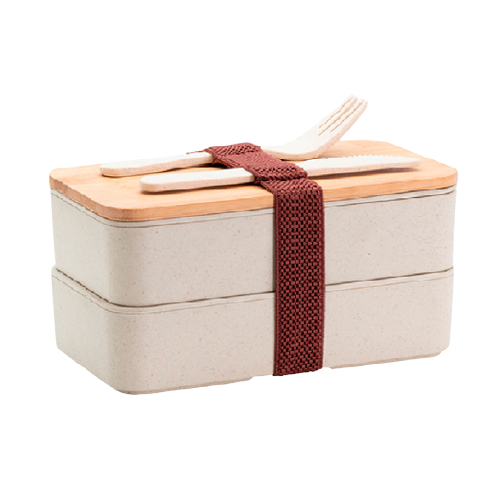 [P251176] fiambrera, fibra de trigo, color natural, 18.5*10.5*9.5 , 2 compartimientos con cubiertos