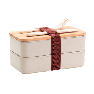 fiambrera, fibra de trigo, color natural, 18.5*10.5*9.5 , 2 compartimientos con cubiertos