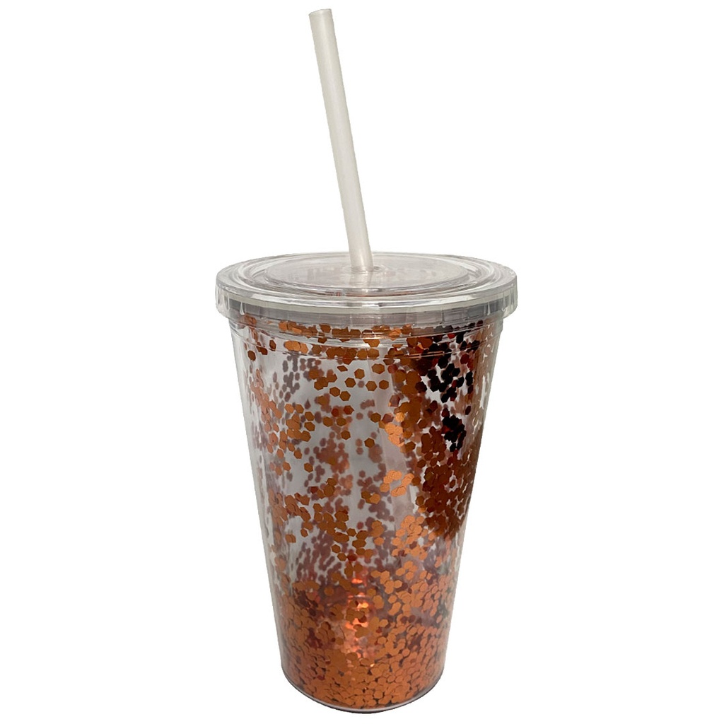 [P260486] vasos, plástico, rosa oro, 450 mililitro, con pajilla, doble pared y glitter