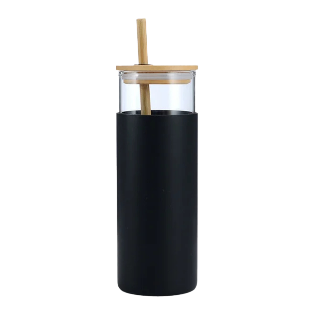 [P260488] botella, vidrio, negro, 18 onzas, tapa de bambu y manga de silicon