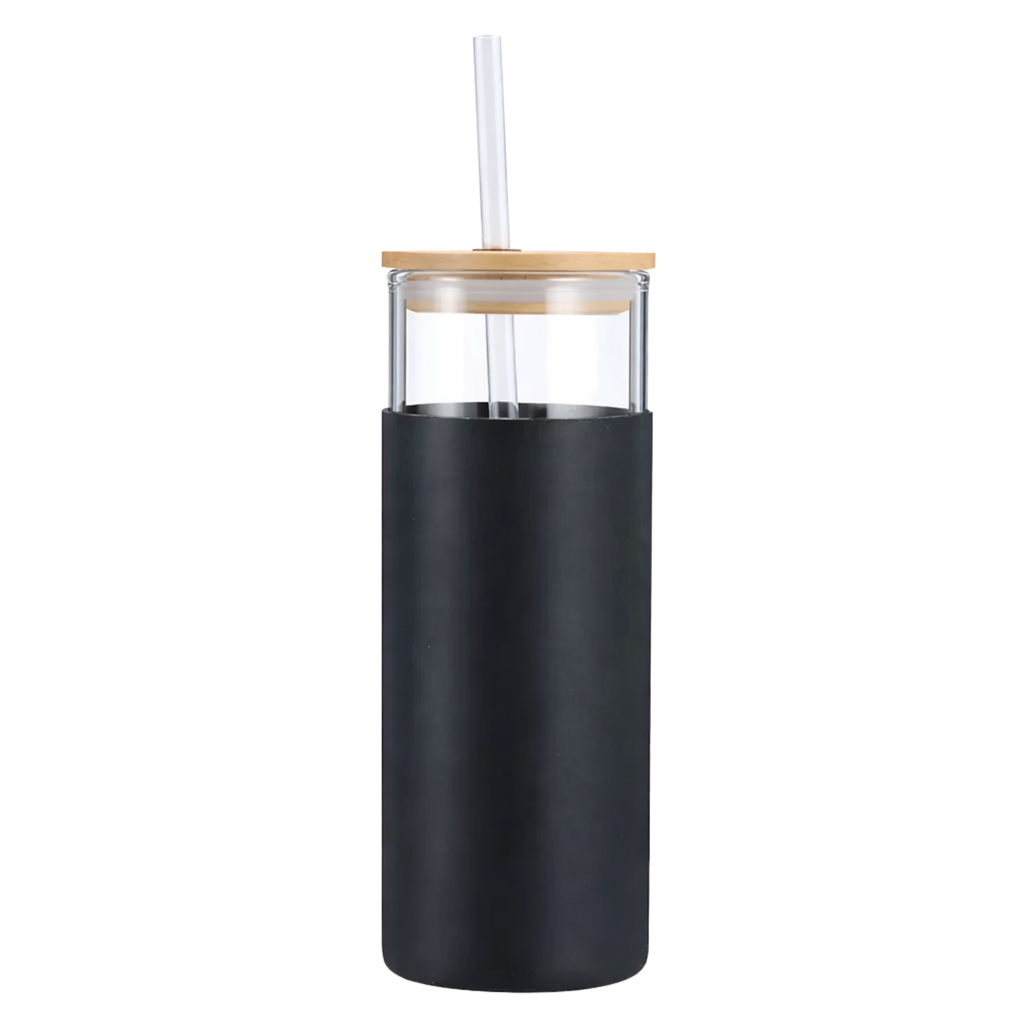 [P260488] botella, vidrio, negro, 18 onzas, tapa de bambu y manga de silicon