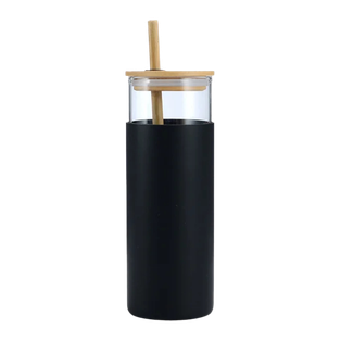 botella, vidrio, negro, 18 onzas, tapa de bambu y manga de silicon