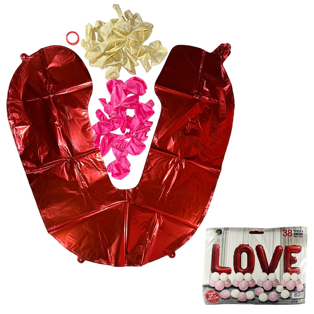 [F441308] set de globos aluminizado, , , de corazones letras , love y de latex rosados y rojos