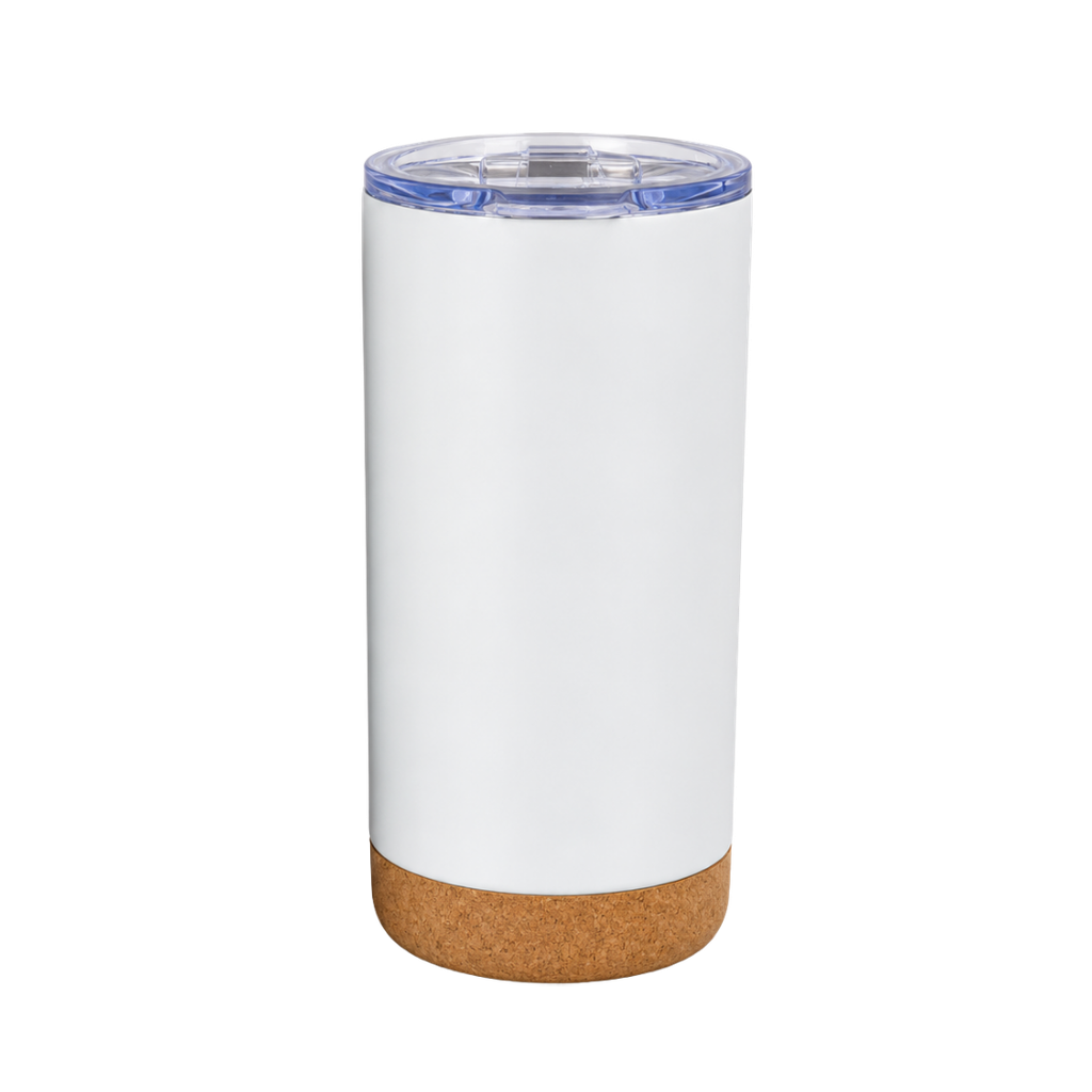 [P285909] vaso termico, acero inoxidable, blanco mate, 400 ml doble pared , con base de corcho,